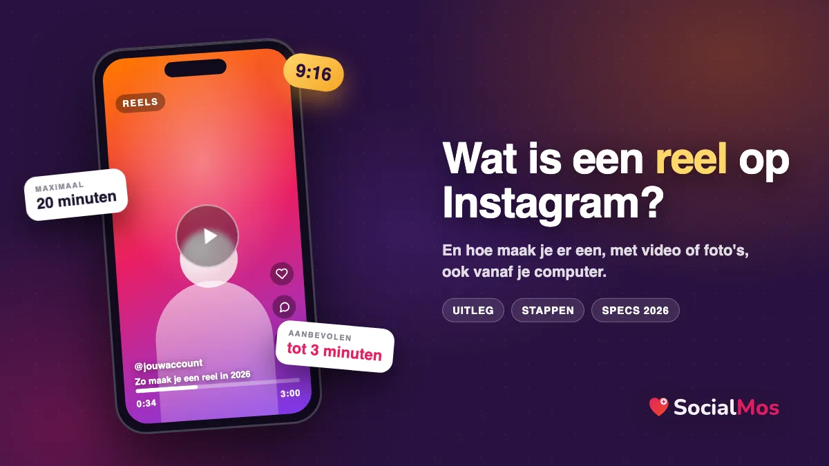 Illustratie: een verticale Instagram-reel op een telefoon met een tijdbalk tot 3 minuten en de tekst: Wat is een reel op Instagram?