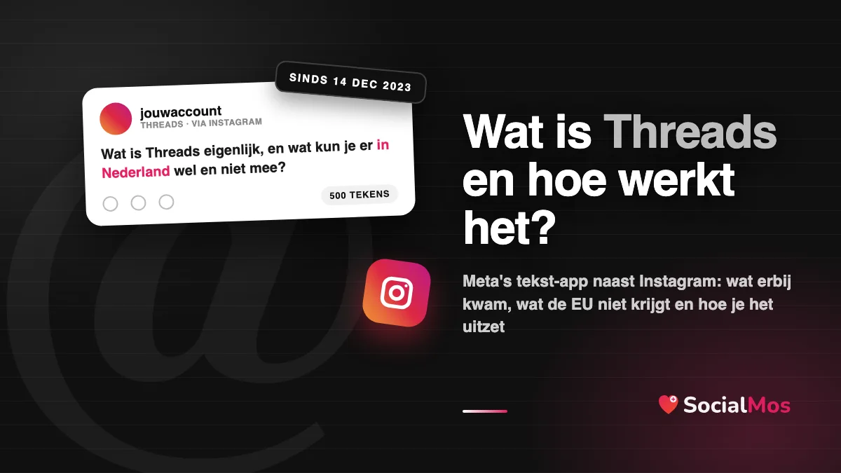 Illustratie: een Threads-bericht van 500 tekens op een donkere achtergrond, met een Instagram-koppeling en de tekst: Wat is Threads.