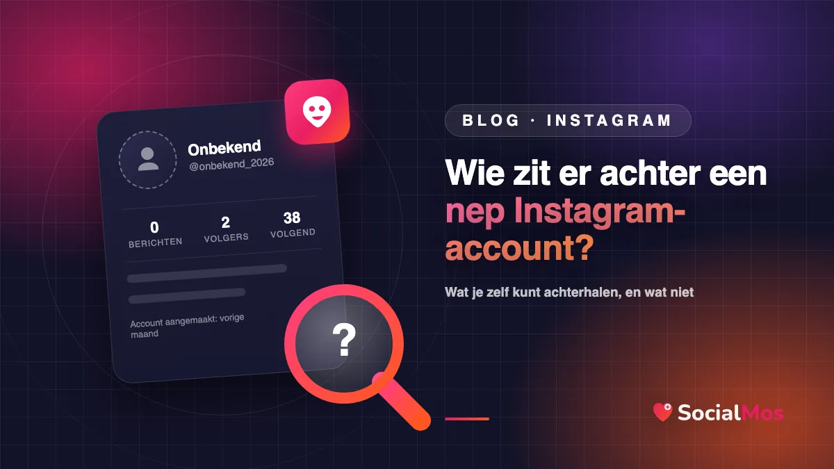 Illustratie: anoniem Instagram-profiel met vraagteken en een vergrootglas, met de titel: wie zit er achter een nep Instagram-account?