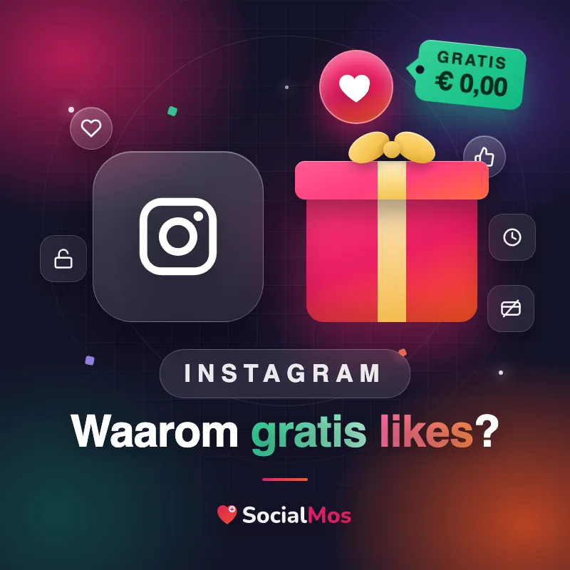 Kaart met een Instagram-tegel naast een cadeaudoos met een hartje erboven en een prijskaartje van nul euro, met de vraag: waarom gratis Instagram likes?