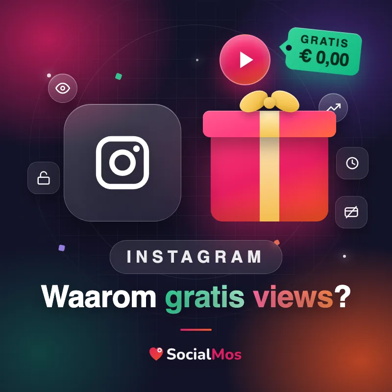 Kaart met een Instagram-tegel naast een cadeaudoos met een afspeelknop erboven en een prijskaartje van nul euro, met de vraag: waarom gratis Instagram views?