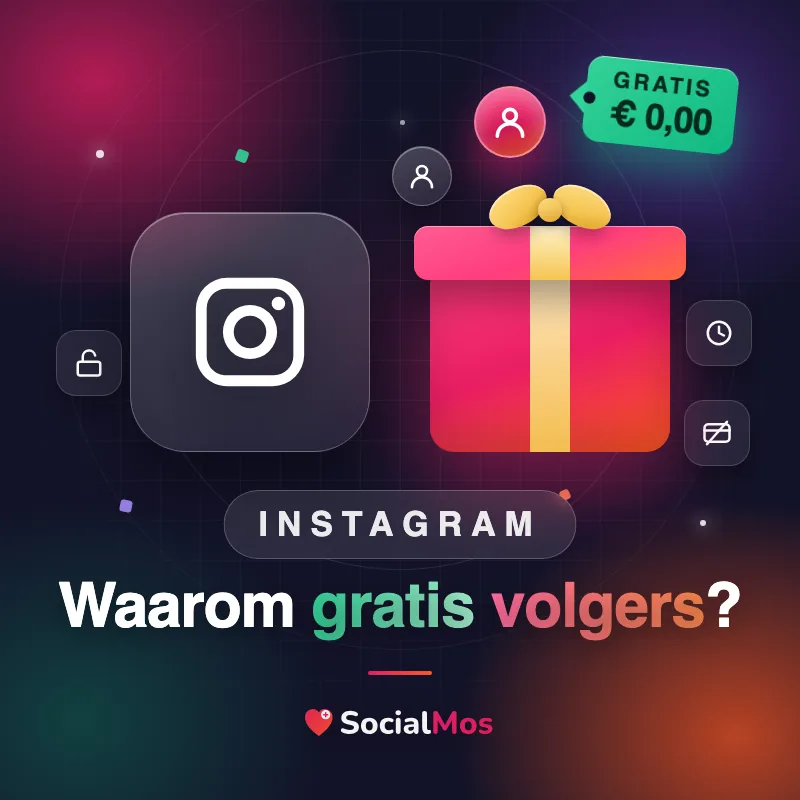Kaart met een Instagram-tegel naast een cadeaudoos en een prijskaartje van nul euro, met de vraag: waarom gratis Instagram volgers?