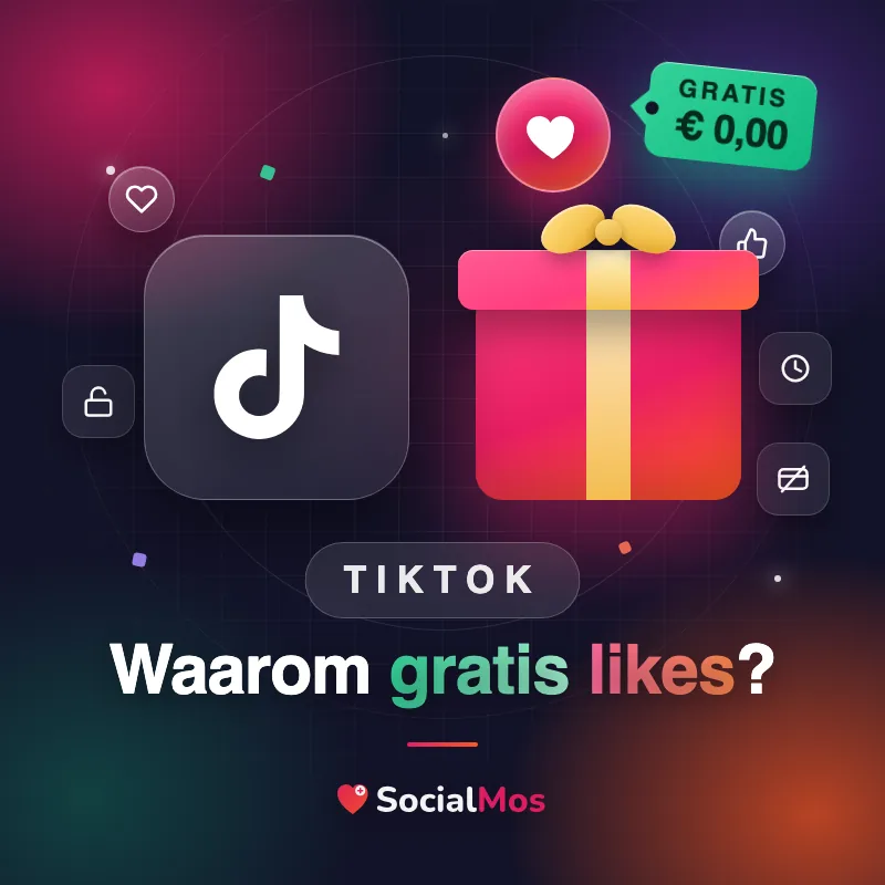 Kaart met een TikTok-tegel naast een cadeaudoos met een hartje erboven en een prijskaartje van nul euro, met de vraag: waarom gratis TikTok likes?