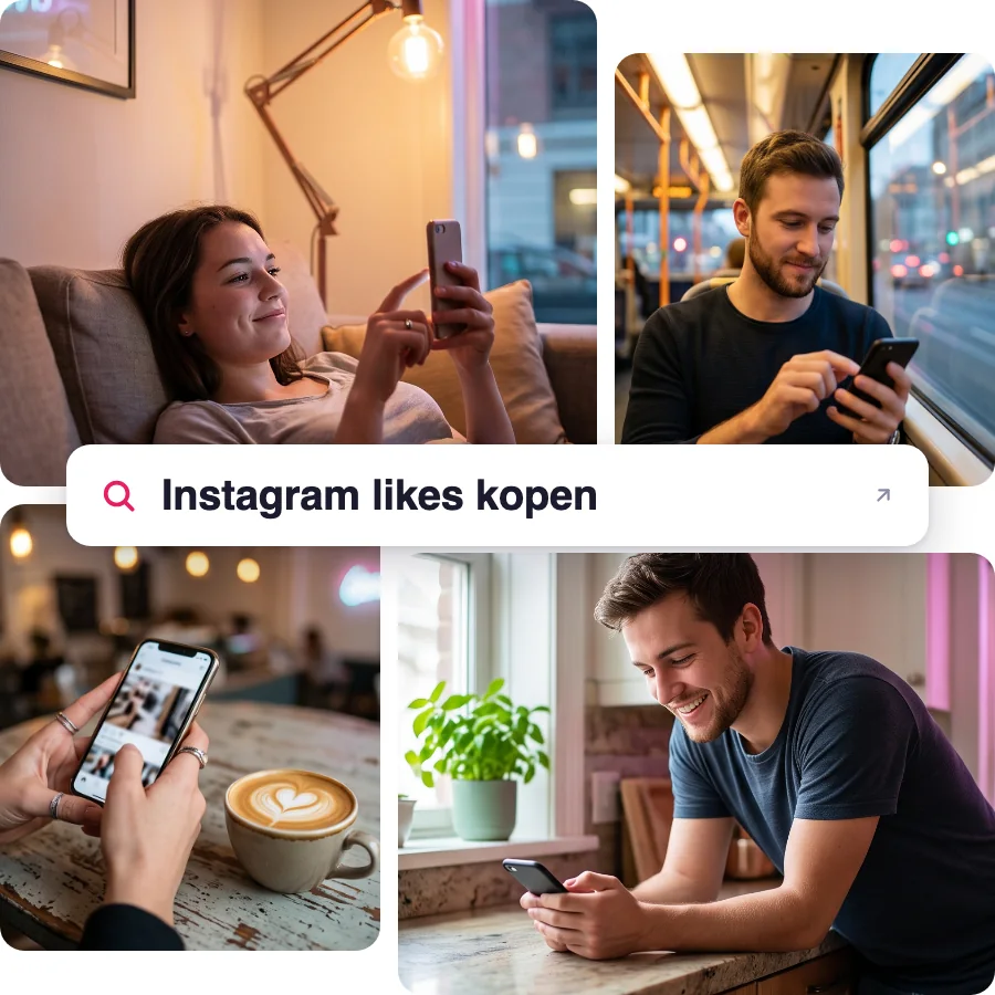 Collage van vier foto's van mensen die met hun telefoon bezig zijn, rond een zoekbalk met de tekst: Instagram likes kopen
