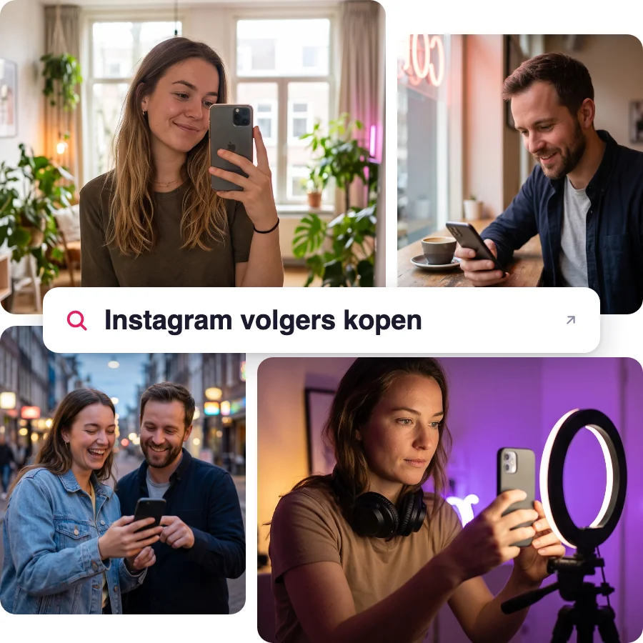 Collage van vier foto's van mensen die met hun telefoon bezig zijn, rond een zoekbalk met de tekst: Instagram volgers kopen