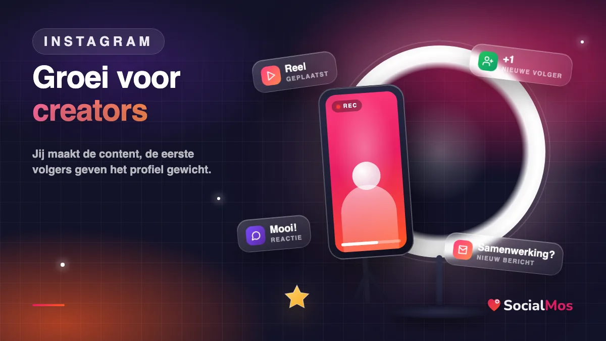 Creator neemt een Reel op met ringlight, met nieuwe volgers, reacties en een samenwerkingsverzoek