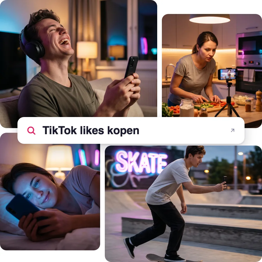 Collage van vier foto's van mensen die met hun telefoon bezig zijn, rond een zoekbalk met de tekst: TikTok likes kopen