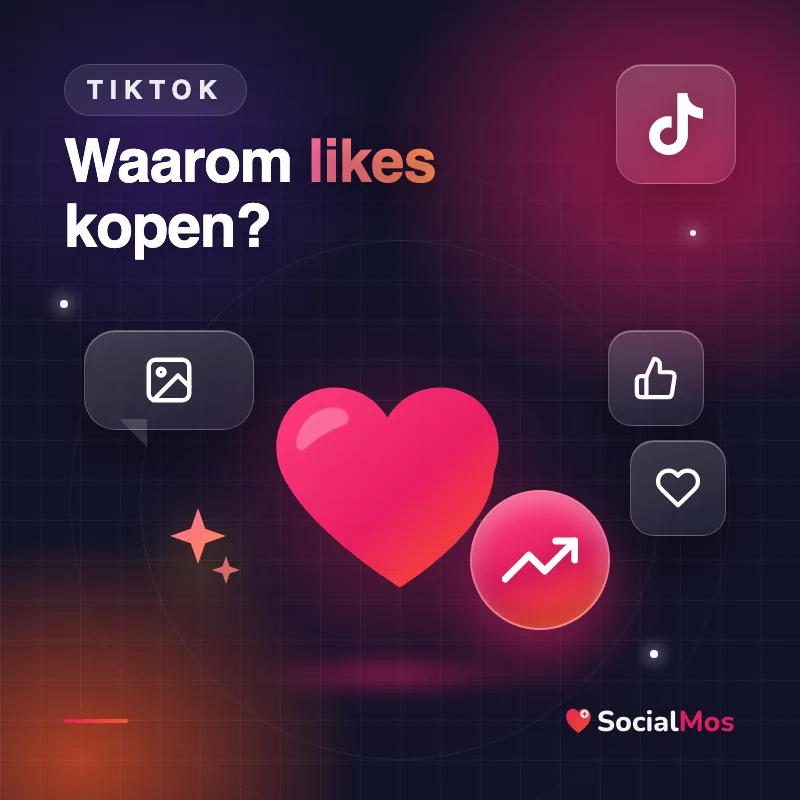 Kaart met een groot hart en een groeipijl, met de vraag: waarom TikTok likes kopen?