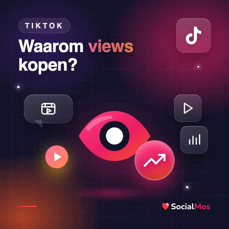 Kaart met een groot oog en een afspeelknop, met de vraag: waarom TikTok views kopen?