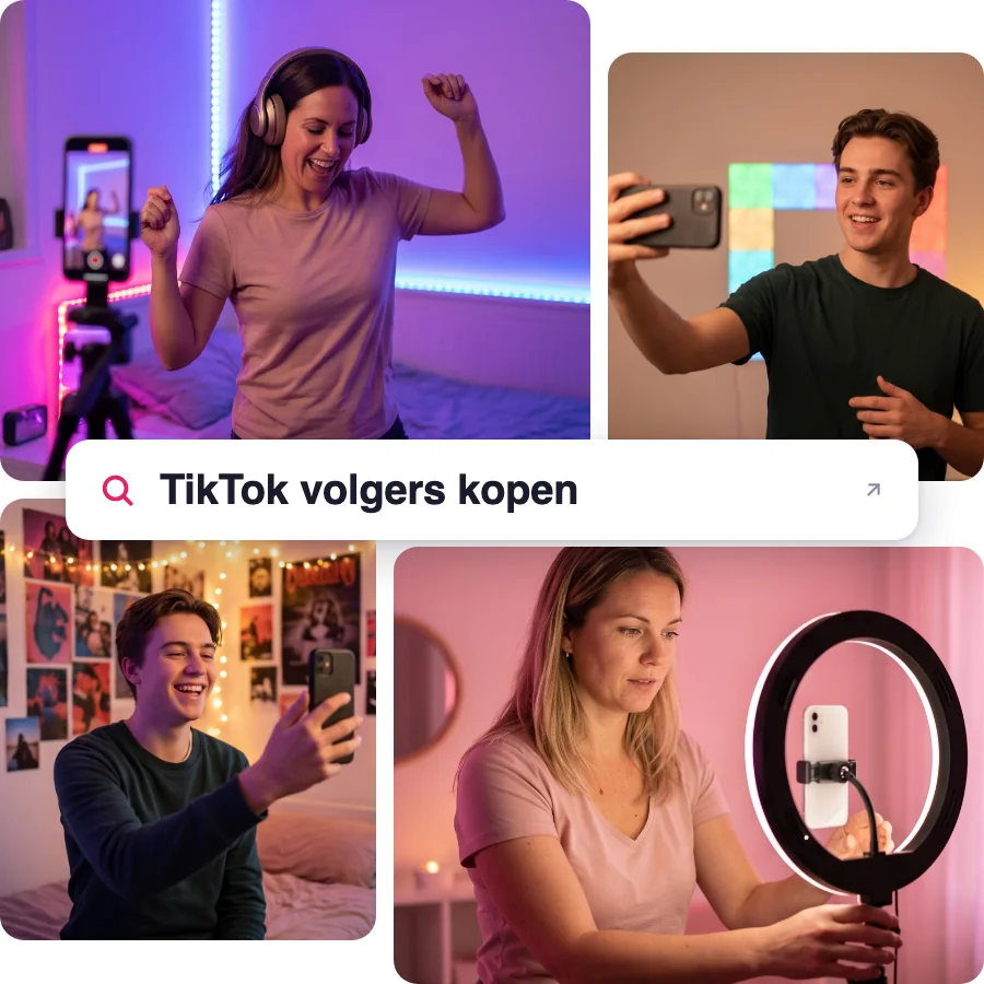 Collage van vier foto's van mensen die met hun telefoon bezig zijn, rond een zoekbalk met de tekst: TikTok volgers kopen