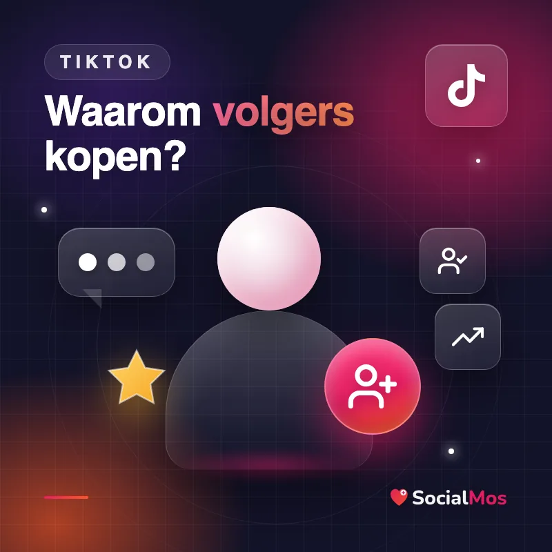 Kaart met een persoonsfiguur en een volgersbadge, met de vraag: waarom TikTok volgers kopen?